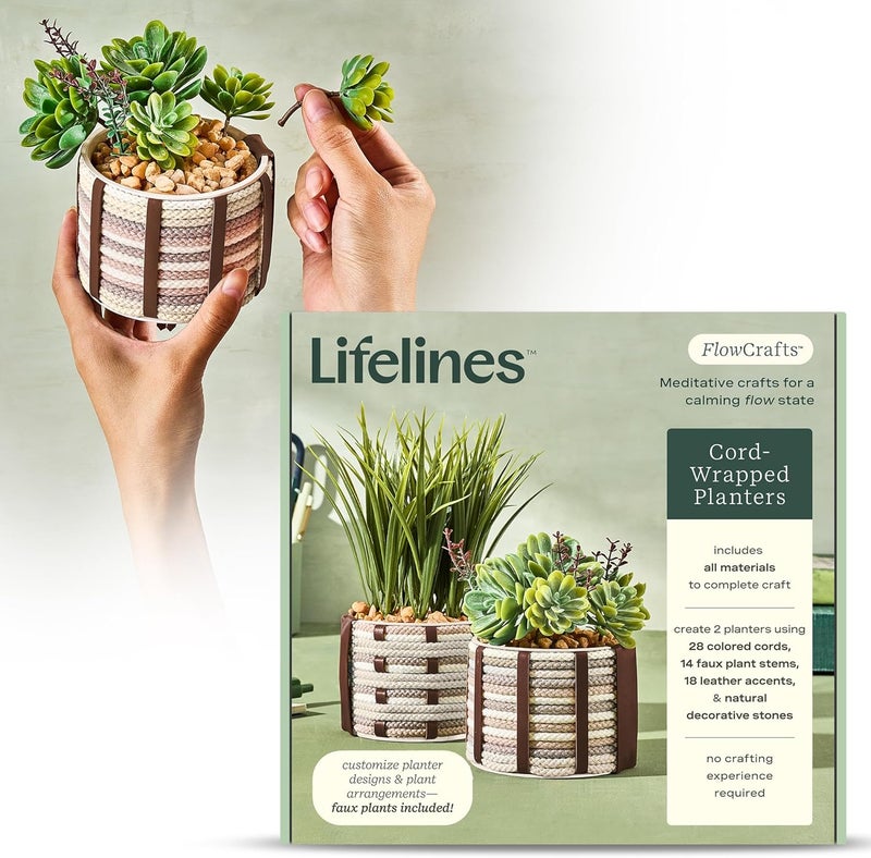 LifeLines FlowCrafts, Cord-Wrapped Planters - Create 2 Unique Planters with Cords in Multi-Colors, Leather Accents, Faux Plant Stems & Decorative Stones - Sensory Arts & Crafts Kit for Teens & Adults - Image 1